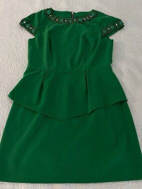 Kensie Emerald Green Jeweled Neck Peplum Dress